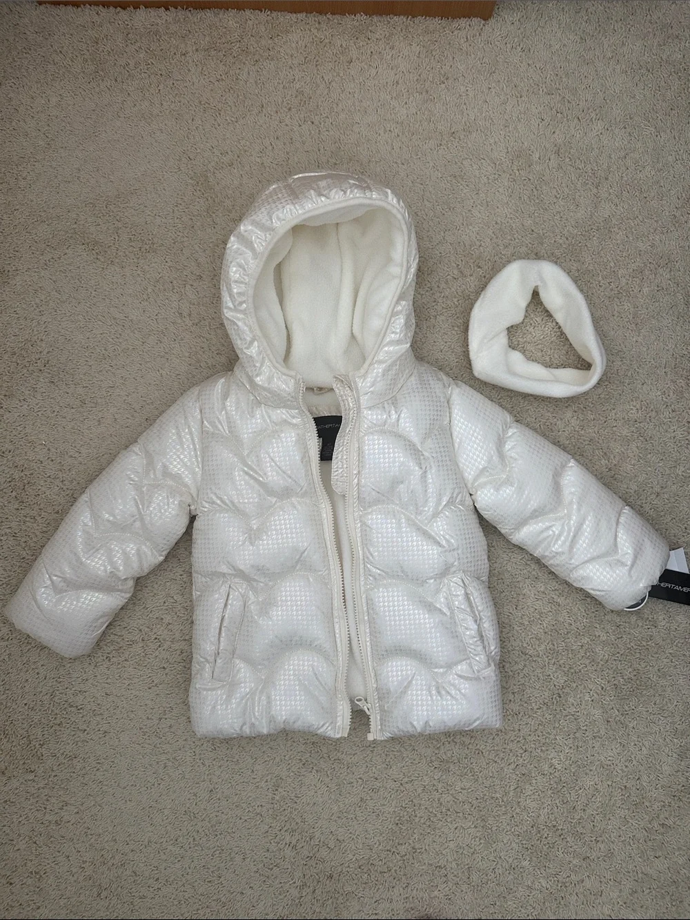 Girls' Shimmery Cream Hooded Puffer Jacket with Matching Headband